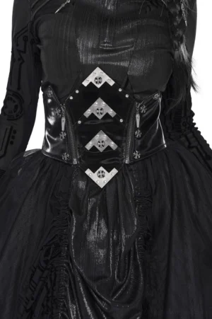 Black gothic corset belt with silver cross studs worn by female model, front upper view showcasing patent leather finish and metal hardware details