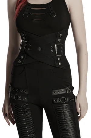 Black gothic interlaced corset belt with metal studs and buckles worn by female model, front view showing structured waist cincher