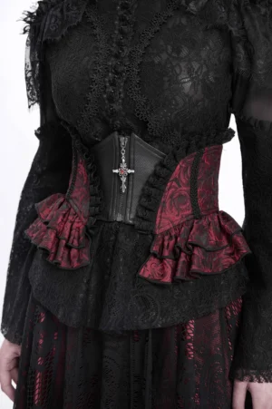 Wine red floral brocade gothic corset belt front close-up with rose jacquard pattern and ruffle trim details