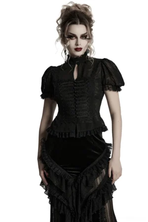 Black embroidered chiffon gothic corset blouse with puff sleeves front three-quarter view on model