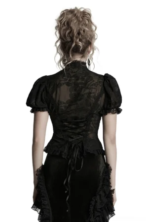 Black gothic blouse with lace-up corset back and puff sleeves rear view on model