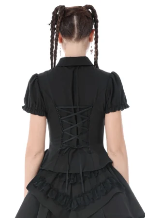 Gothic corset blouse back view showcasing functional lace-up back corsetry detail