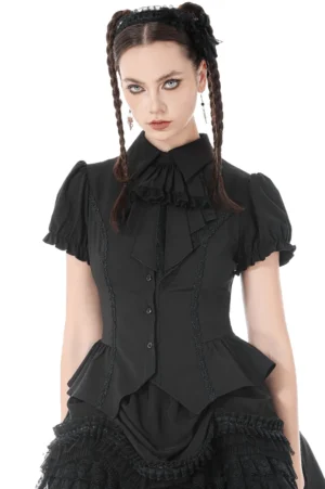 Gothic black lace-up corset blouse with puff sleeves and detachable bow tie - front view on model