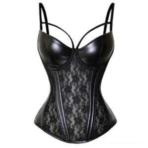 Black lace faux leather corset bustier flat lay display with padded underwire cups and straps