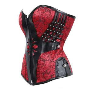 Red and black gothic corset bustier side front angle view showing metal button accents and structured paneling