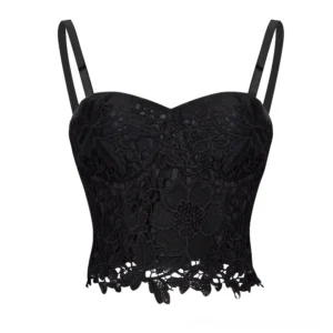Black gothic corset camisole with sweetheart neckline and delicate floral lace hem flat lay front view