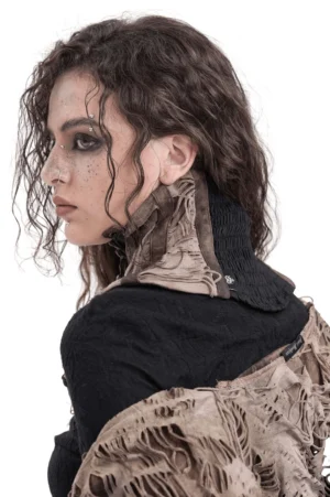 Rear side view of gothic corset choker showing high collar design and frayed distressed edges