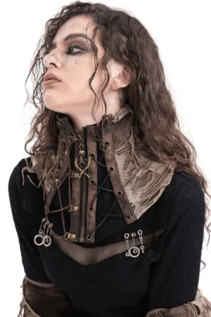 Front three-quarter view of distressed gothic corset choker with lace-up front and metal chain accents on model