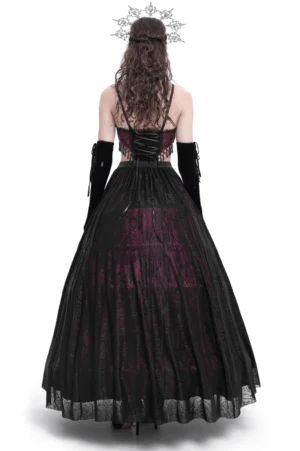 Black burgundy gothic corset dress back view showing lace-up closure and flowing floor-length tulle skirt