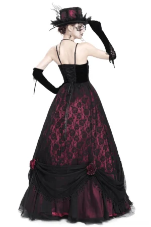 Gothic lace corset dress back view showing lace-up corset closure and dramatic tulle skirt detail