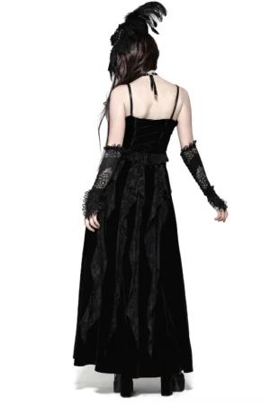 Gothic corset maxi dress back view showing lace-up closure with metal eyelets