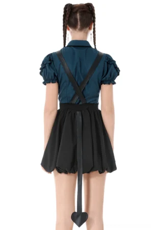 Back view of gothic corset dress showing cross-back straps and bubble skirt with heart-shaped tail accent