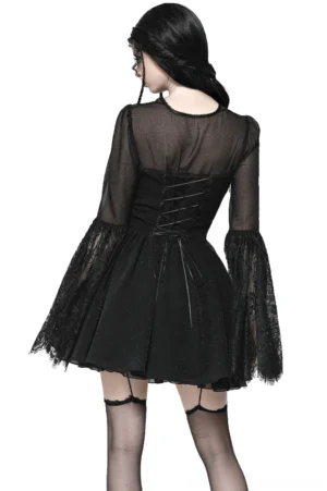 Black gothic dress back view showing sheer mesh yoke and functional lace-up corset back detail on model