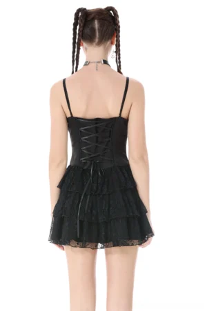 Gothic corset mini dress back view showing lace-up corset back and spaghetti straps