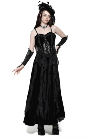 Black lace and velvet gothic corset maxi dress with ruffled hem - front view on model