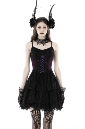Black and purple velvet corset lace-up gothic mini dress front view on model with dramatic makeup and alternative styling