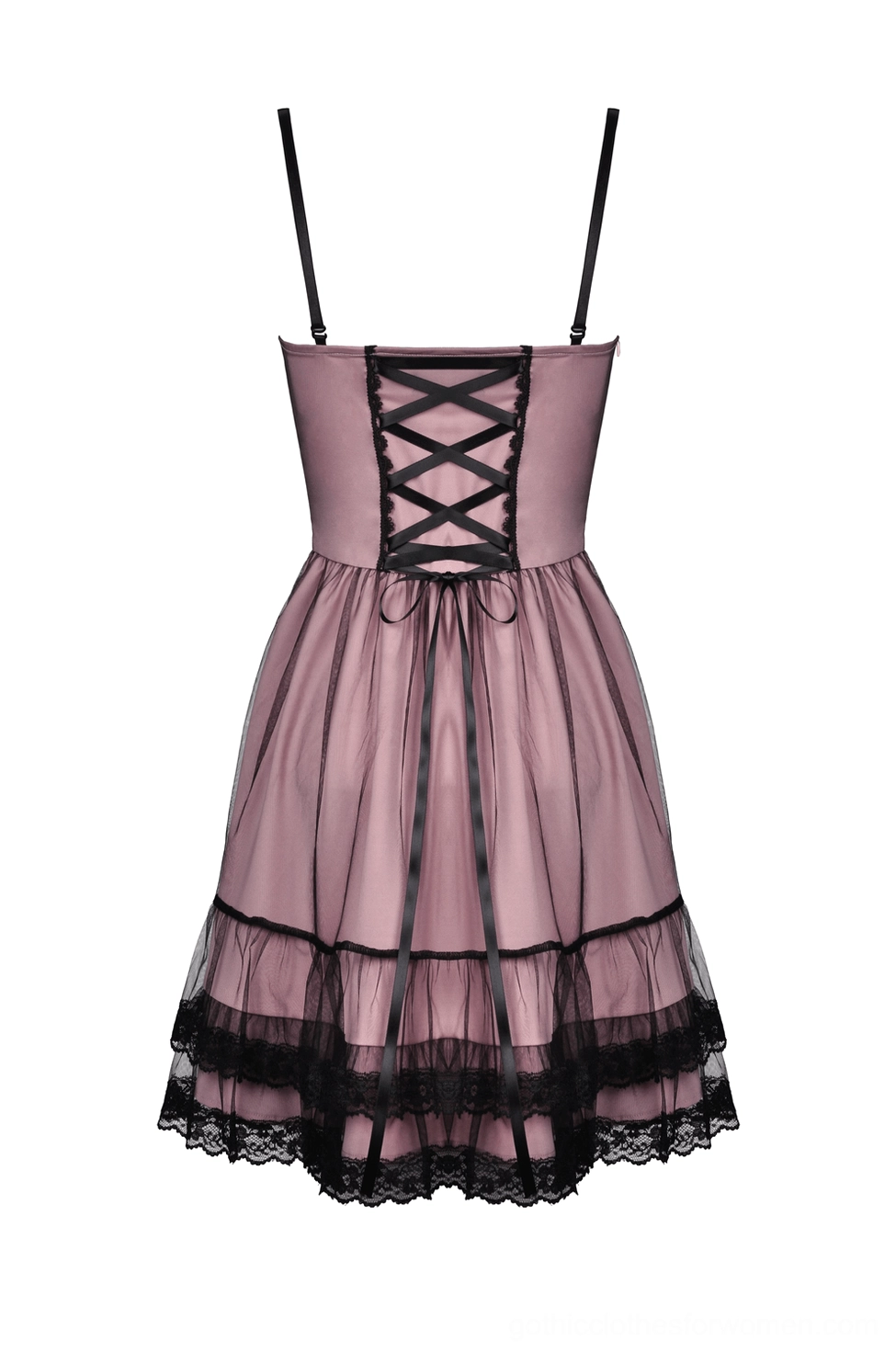 Black lace corset dress flat lay back view showing adjustable straps and back lace-up design