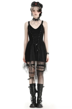 Black spider web lace-up gothic corset dress front view on androgynous model with cross lace-up closure