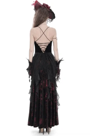 Victorian-inspired gothic dress with crisscross lace-up back design and velvet bodice