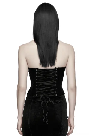 Black gothic velvet corset with floral mesh embroidery back view, featuring adjustable lace-up closure and shoulder strap on model with long black hair