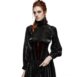 Black burgundy velvet gothic corset with lace accents front three-quarter view on model