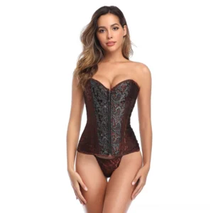 Steel-boned gothic corset front view with brown jacquard fabric and silver embroidered panel, featuring front zip closure worn by slim model
