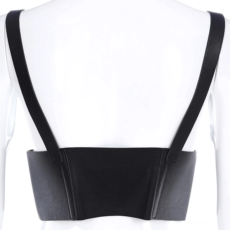 Black gothic corset harness back view on mannequin - solid elastic back band construction