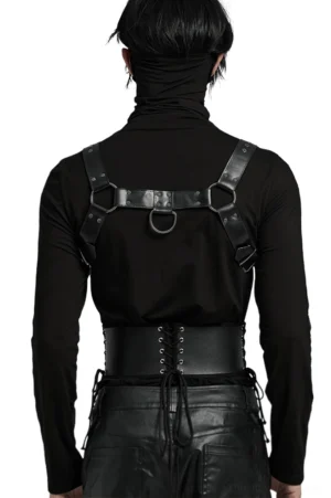 Gothic corset belt worn with matching shoulder harness, back view showcasing D-ring attachments and lace-up waist design