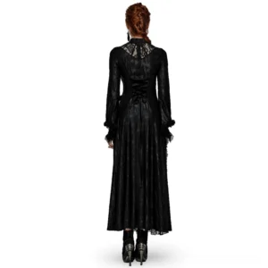Back view of gothic corset lace-up dress featuring sheer lace yoke and dramatic corset back detail