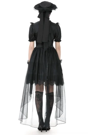 Black gothic dress with corset lacing back view and ethereal tulle train