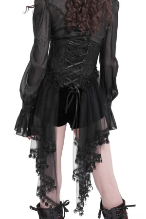 Gothic corset back view showing adjustable lace-up construction with tulle lace trim and dark romantic aesthetic