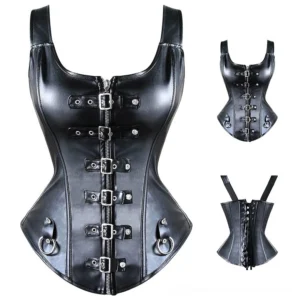 Black lace-up back gothic corset rear view, displaying dramatic lacing system and back closure detail that defines steampunk-gothic aesthetic