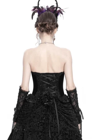 Gothic corset back view showing adjustable lace-up closure and elegant lace-up detail with ruffled hem trim