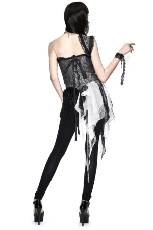 Gothic one-shoulder corset rear view showing lace-up back closure, layered asymmetrical hem, worn with black leggings
