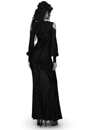 Black gothic cold shoulder lace corset maxi dress - back view showing lace-up corset detail