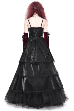 Black gothic corset dress back view showing lace-up corset back with tie sash and tiered layered skirt