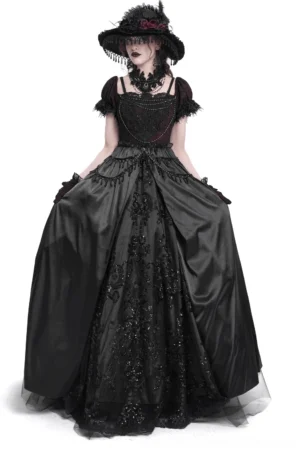Black gothic lace-up corset maxi dress with chain details and ruffled off-shoulder sleeves front view