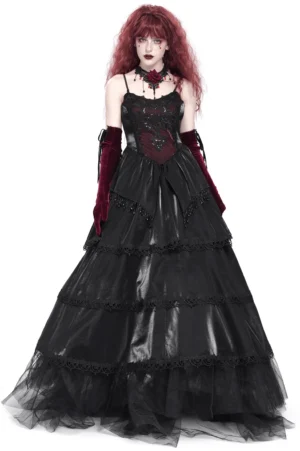 Black gothic corset maxi dress front view on model with layered tulle skirt and beaded lace bodice, wine red satin base