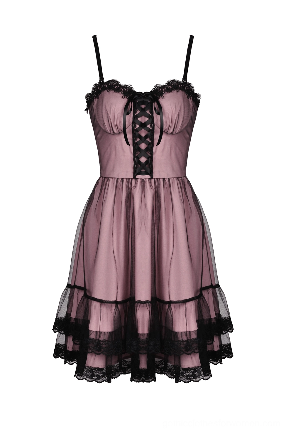 Black lace corset dress flat lay front view with spaghetti straps and ornate black lace trim