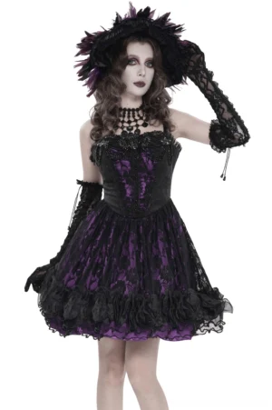 Purple gothic lace corset mini dress with ruffled hem worn by model with dramatic makeup and feathered headpiece, front view