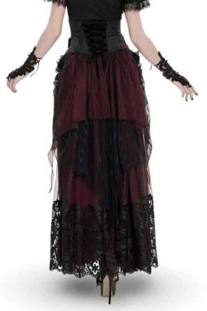Victorian gothic corset overskirt with black lace and sheer mesh - back view displaying lace-up corset construction and dramatic bustle effect