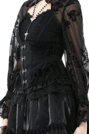 Layered ruffled lace detailing on black gothic corset, side angle showcasing ornate front closures and dimensional lace trim