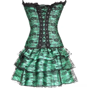 Victorian corset and skirt set flat lay, showing ruffled strapless emerald corset with black lace detailing and layered ruffled skirt assembly