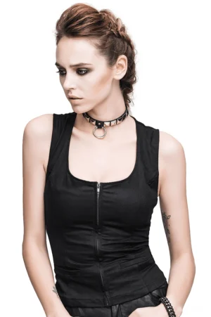 Black gothic sleeveless corset tank top with front metal zipper closure, worn by fashion model in studio, front view showcasing slim fit silhouette