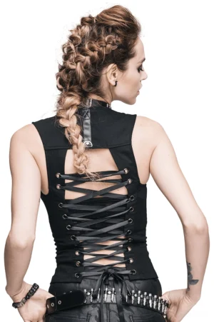 Black gothic tank top rear view displaying adjustable ribbon lace-up back with D-ring hardware, corset-style back detail on fashion model