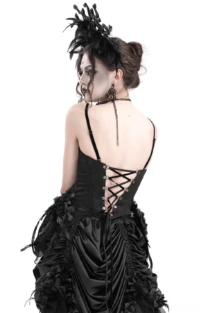Gothic corset top back view showing lace-up design and ruffled satin details on alternative fashion model