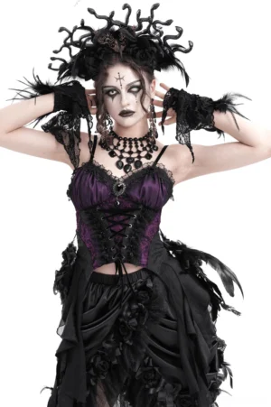 Purple and black gothic lace-up corset top with floral accents, front view on goth model with feather gloves