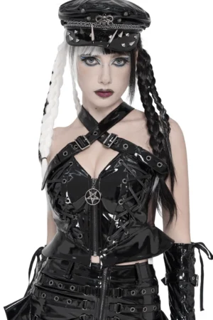 Women's patent leather gothic corset top with pentagram zipper and cross halter straps, front view on model