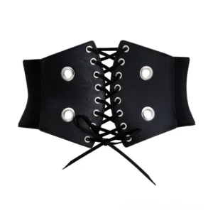 Black gothic lace-up corset waist belt with silver metal rivets and eyelets, front flat lay view showing full width design