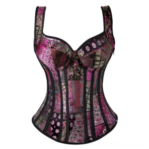 White steel boned overbust gothic corset front full view with wide straps and floral brocade pattern, studio shot